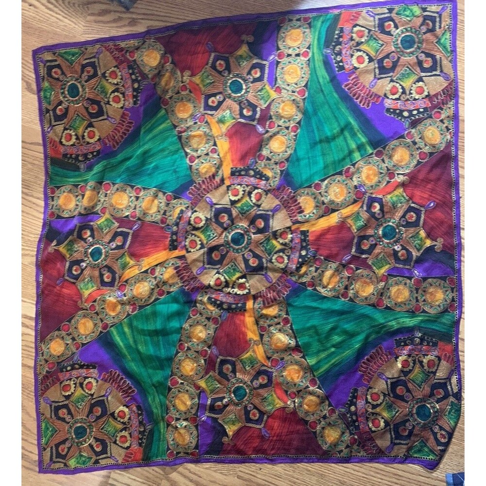 Vintage Oscar de la Renta Silk Bright Jewel Print Scarf  Signed 33.5" square